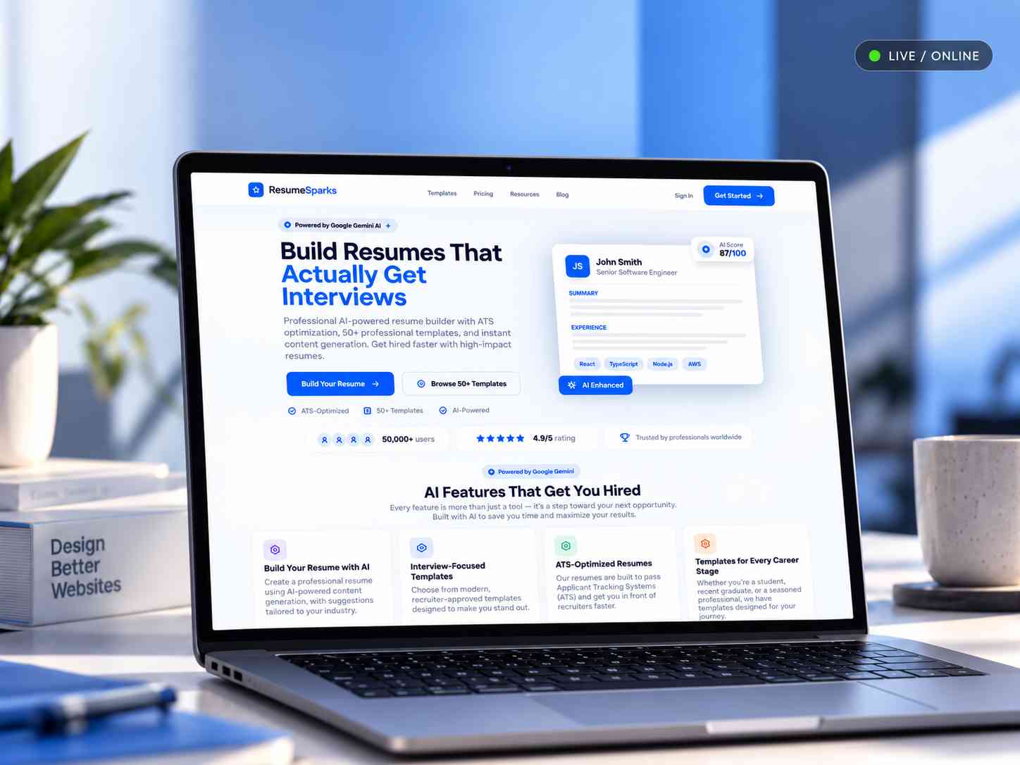 Real ResumeSparks website preview inside a browser-style portfolio frame